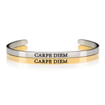Carpe Diem Silver and gold stainless steel open womens inspirational message cuff bracelets