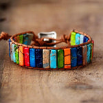 Shanti Bliss Rainbow Imperial Jasper Gemstone Beaded Leather Boho Chakra Bracelet