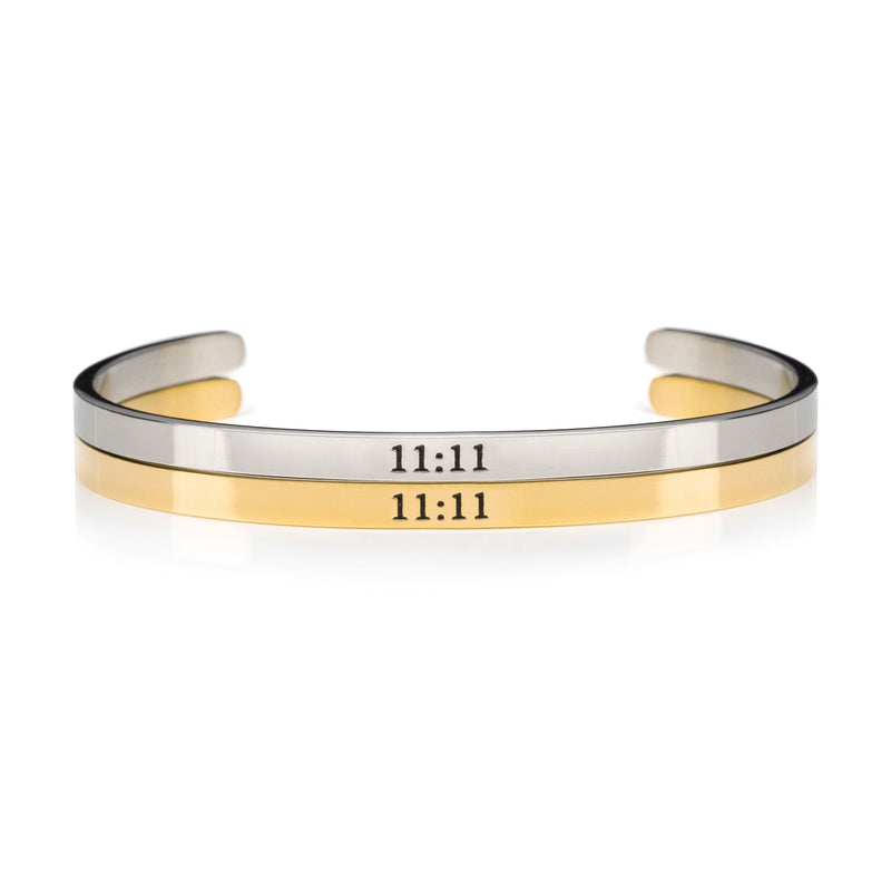 11:11 Silver and gold stainless steel open adjustable womens inspirational message cuff bracelets