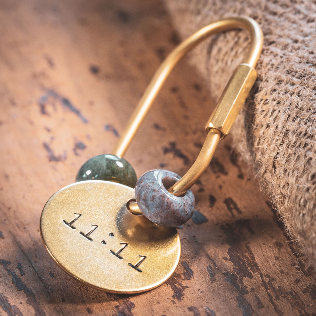 11:11 Brass handstamped screw-on keychain with Indian Agate Gemstone Beads