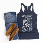 Ladies Heather navy blue racerback tank top with white Flower Child with a Rock & Roll Soul graphic
