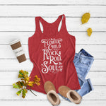 Womens Heather red racerback tank top with white Flower Child with a Rock & Roll Soul graphic