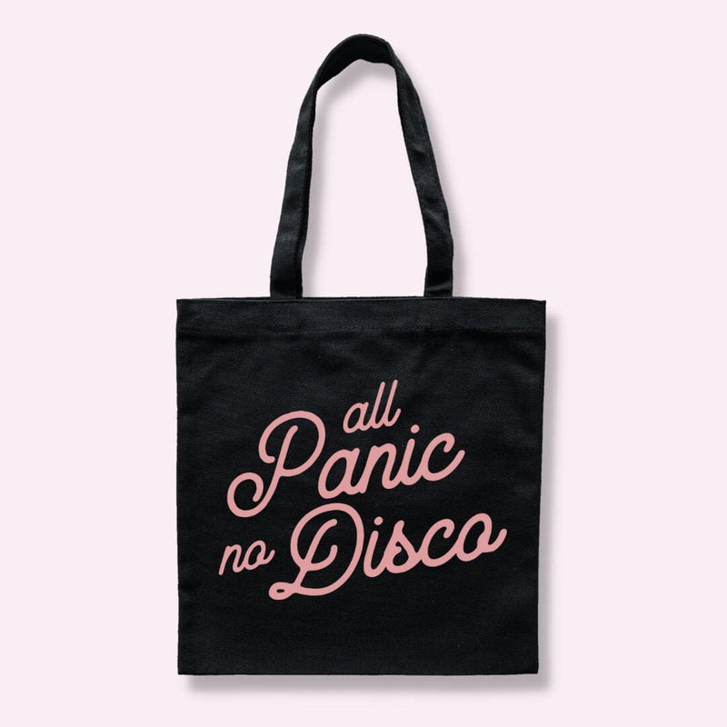 ALL PANIC NO DISCO black tote bag with pink writing