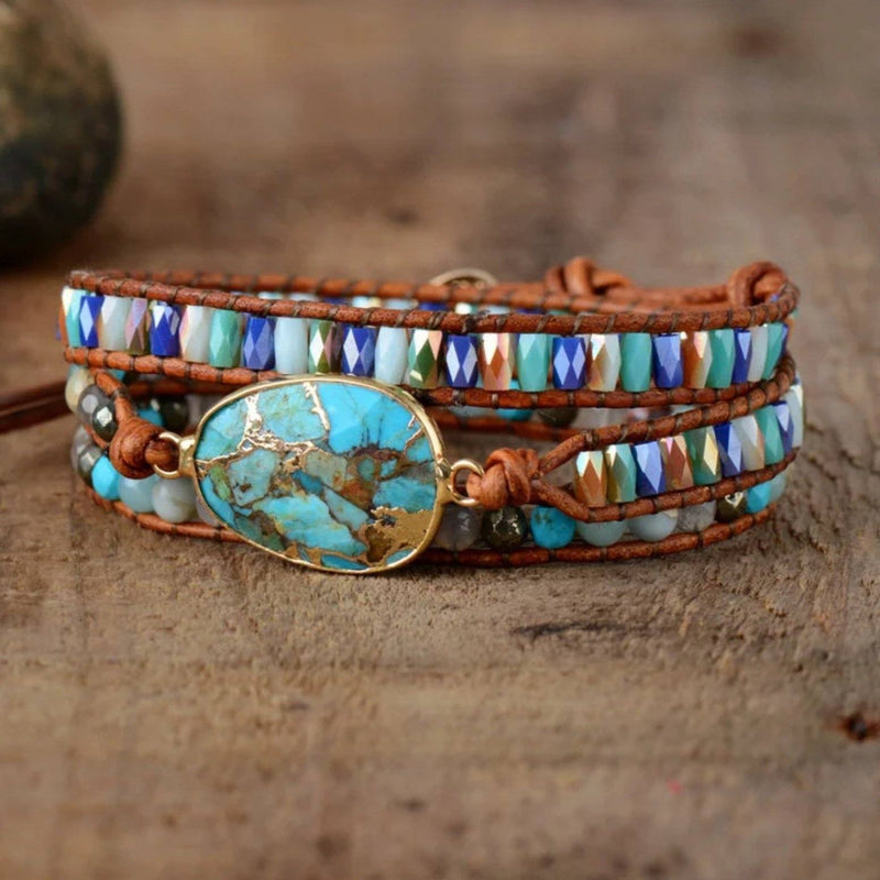 Crystal and multi-colored gemstone beaded leather 3-wrap bracelet with large natural turquoise stone centerpiece