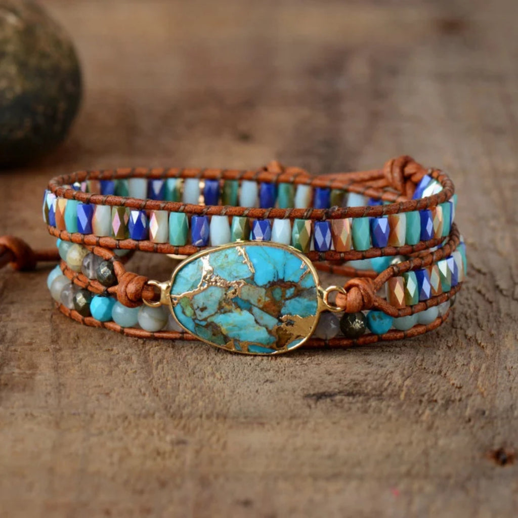 Crystal beaded leather 3-wrap bracelet with large natural turquoise stone centerpiece 