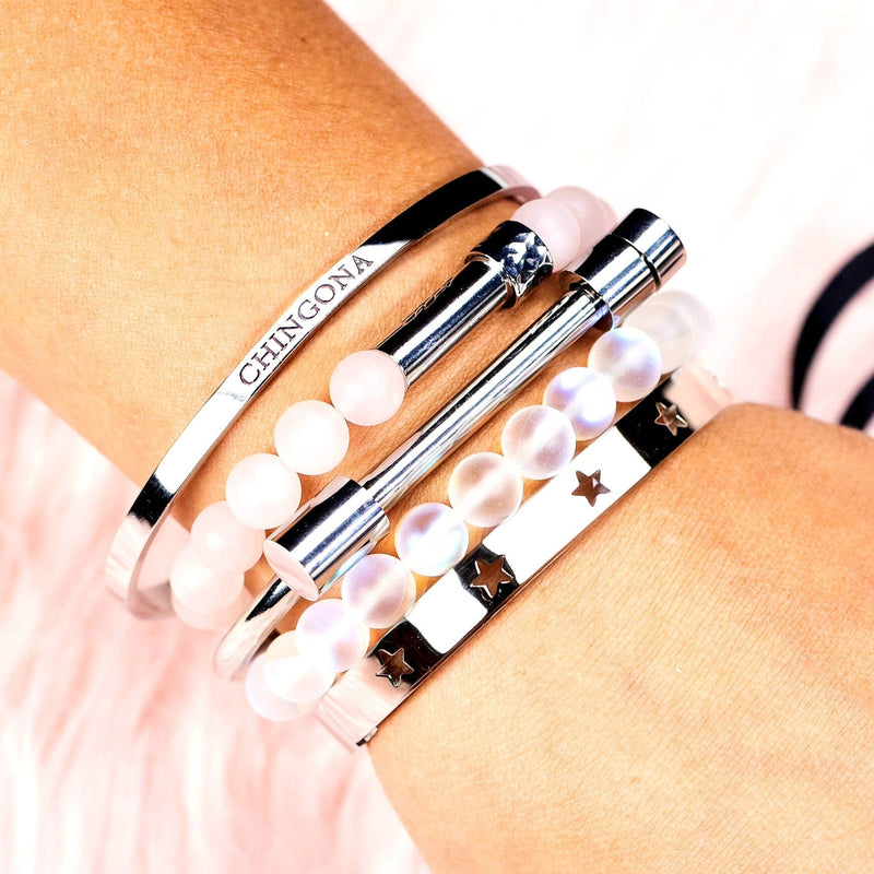 Pink and silver bracelet stack with aura wish beads bracelet