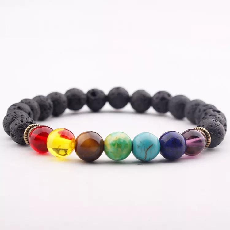 Essential oil diffusing Black lava stones basalt beaded bracelet with 7 rainbow colored chakra beads