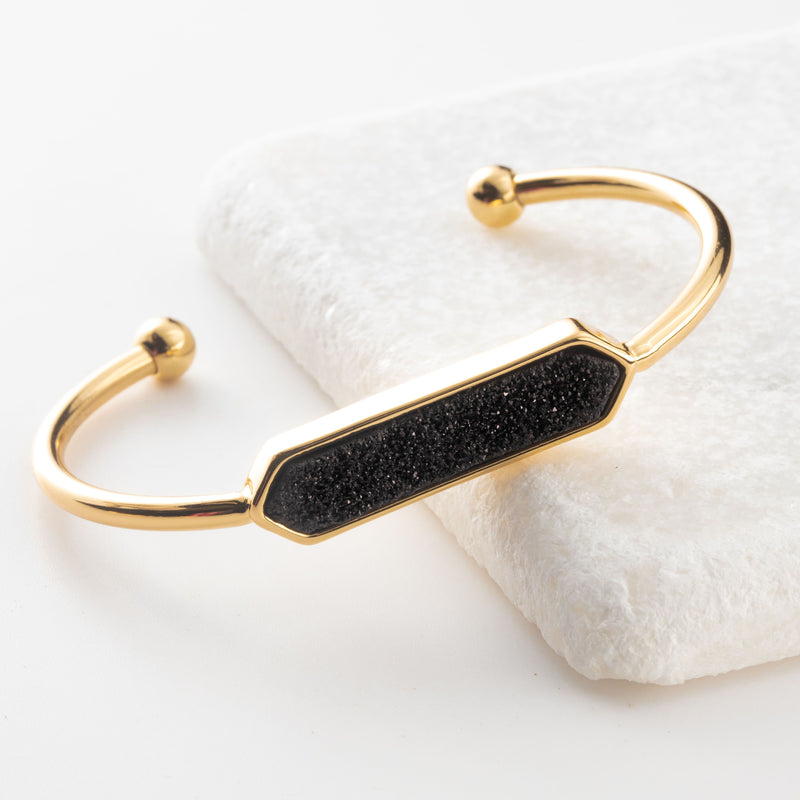 Womens Gold open cuff bangle bracelet with black quartz druzy stone centerpiece