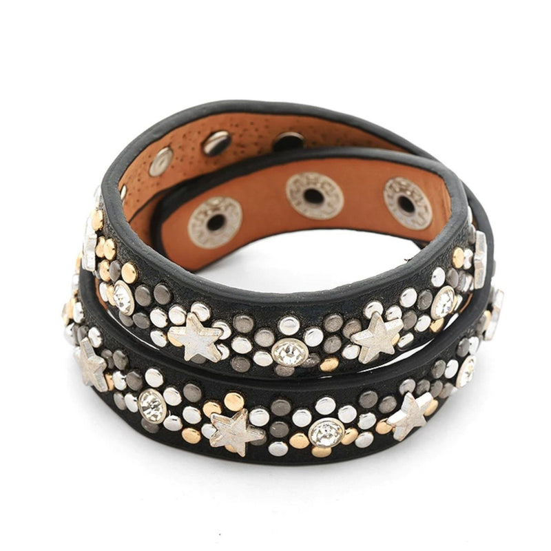 black leather wrap bracelet with metal studs and 3 snap closures
