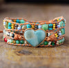 Leather and gemstone boho wrap bracelet with blue stone heart centerpiece and turquoise and amazonite beads