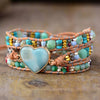 Leather and gemstone boho wrap bracelet with blue amazonite stone heart centerpiece blue and green beads