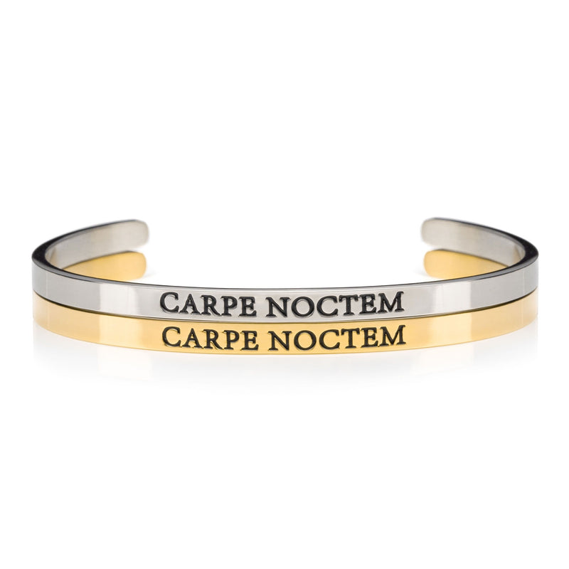 Carpe Noctem stainless steel cuff bracelet in gold and silver for night shift workers