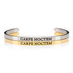 Gold and silver Carpe Noctem stainless steel cuff bracelet for night shift workers and insomniacs