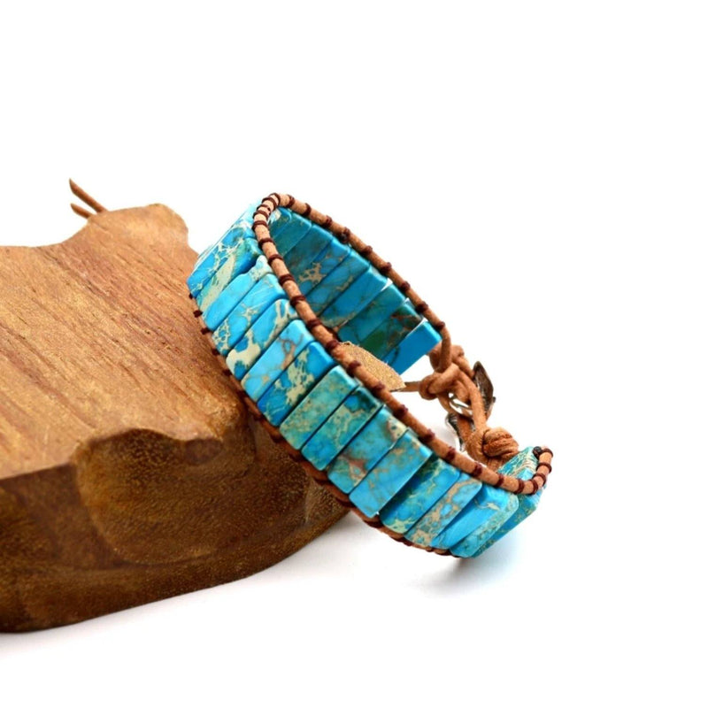 Turquoise Stone beaded chakra bracelet with brown leather cording