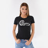 Woman wearing black t-shirt with Chingona in white cursive that looks like the Chicago logo