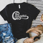 Womens black t-shirt with Chingona in white cursive that looks like the Chicago logo
