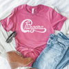 pink t-shirt with Chingona in  white cursive that looks like the Chicago logo