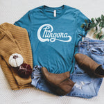 Heather teal t-shirt with Chingona written in white cursive that looks like the Chicago logo