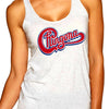 Woman in heather white tank top with red distressed Chingona cursive graphic