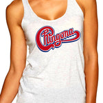 Woman in heather white tank top with red distressed Chingona cursive graphic