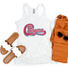 Ladies Heather white tank top with red distressed Chingona cursive graphic
