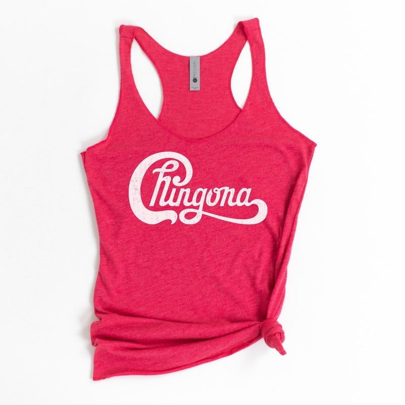 Bright pink tank top with white distressed Chingona cursive graphic