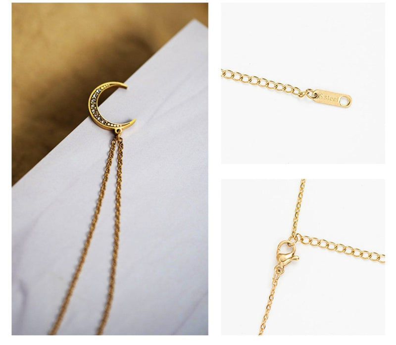 Gold Stainless Steel Crescent Moon Necklace with Crystal Accents and Lobster Clasp