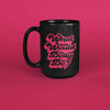 Black and red "WHAT WOULD DOLLY DO" mug