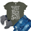 Army Green T-shirt with distressed white Flower Child With A Rock and Roll Soul graphic