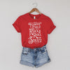 Red T-shirt with distressed white Flower Child With A Rock and Roll Soul graphic