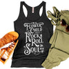 Heather black racerback tank top with  white Flower Child with a Rock & Roll Soul graphic
