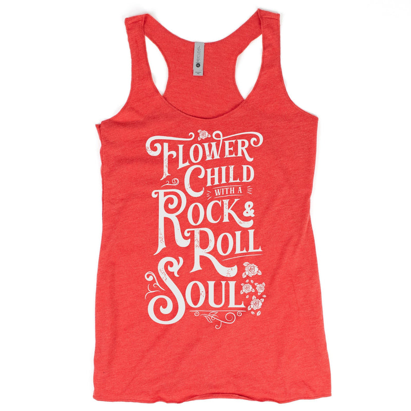 Heather red racerback tank top with white Flower Child with a Rock & Roll Soul graphic