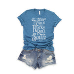 Womens Heather Teal T-shirt with distressed white Flower Child With A Rock and Roll Soul graphic