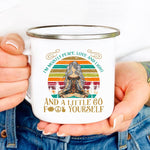 I'm mostly peace love and light and a little go fuck yourself silver rimmed white enamel mug with meditating yoga woman 