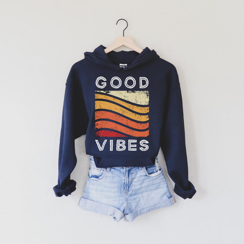 Navy blue hoodie with good vibes rainbow