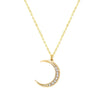 dainty gold chain necklace with gold stainless stell crescent moon pendant accented with crystals 
