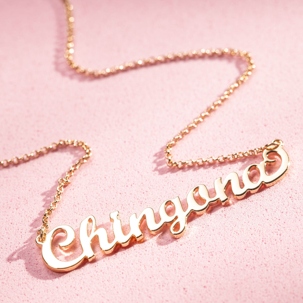 Cursive Gold-toned brass Chingona word necklace 