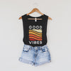 Heather black good vibes  muscle tank with retro red, orange and yellow distressed rainbow  