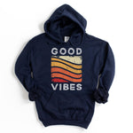 navy blue hoodie with good vibes rainbow graphic