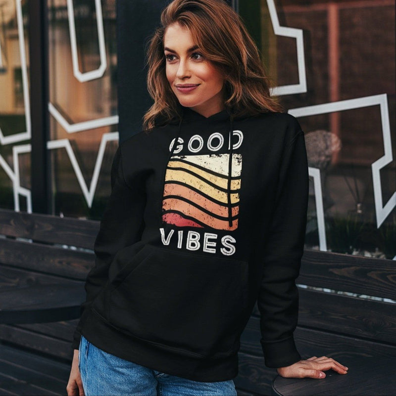 pretty woman in black hoodie with good vibes rainbow