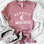 Womens mauve pink t-shirt with white HEAVILY MEDITATED graphic and a white moon in the center