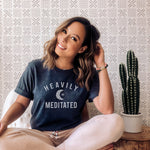 Womens heather navy blue t-shirt with white HEAVILY MEDITATED graphic and a white moon in the center