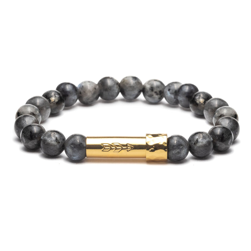 Larvikite Beaded gemstone bracelet with gold secret clasp that holds a message on paper inside