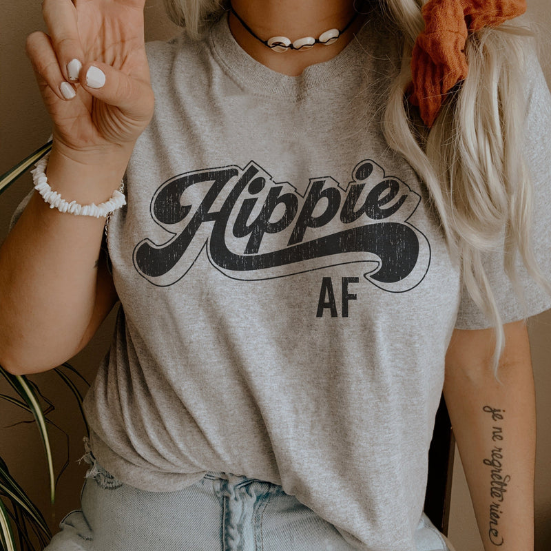 Womens heather gray t-shirt with Hippie AF black graphic