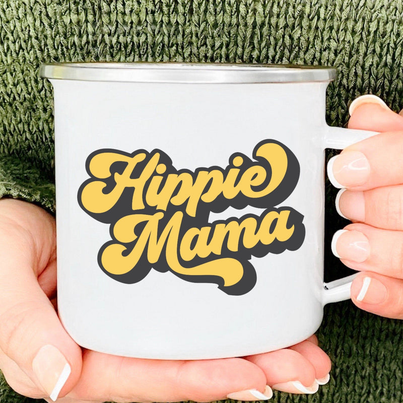 Silver Rimmed White Enamel Camp Mug with yellow vintage lettring that says 'Hippie Mama'
