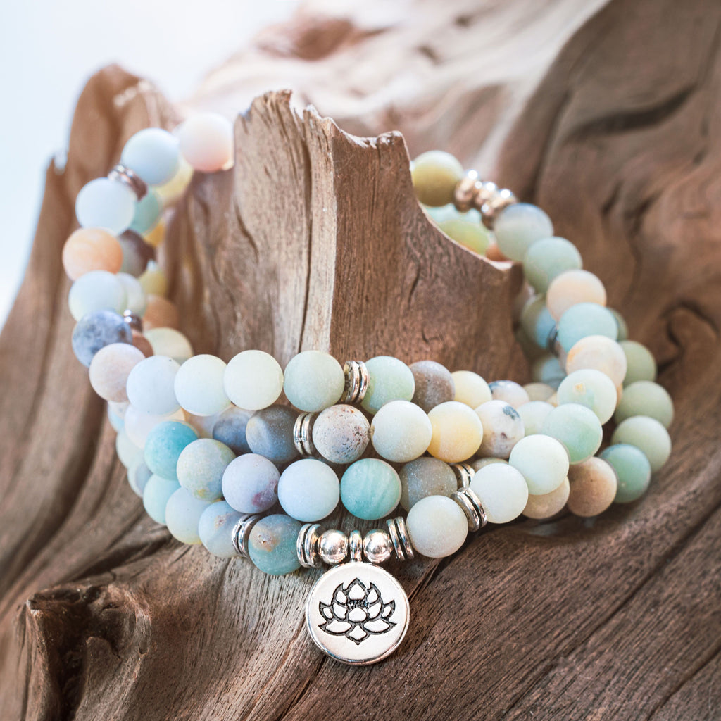 Blue and Green Amazonite Gemstone mala beaded bracelet necklace with silver accents and a silver lotus flower coin pendant