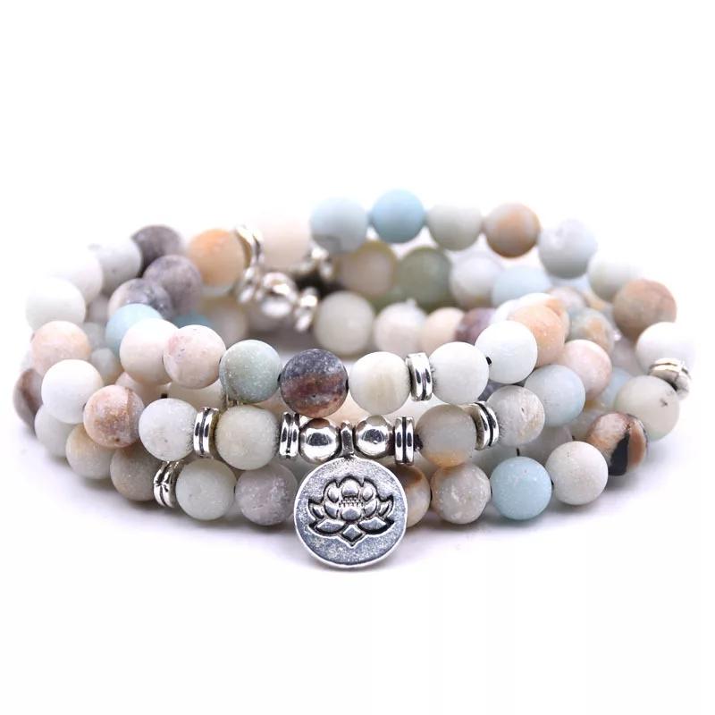 Light Blue Amazonite Natural Gemstone mala beaded bracelet with silver accents and a silver lotus flower coin pendant