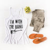 Womens white rocker racerback tank top with a distressed black guitar graphic on the front, and distressed black lettering that says 'I'M WITH THE BAND'