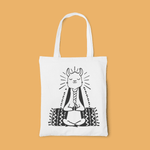 White canvas tote bag with black graphic of a meditating llama with twisted beard sitting cross-legged doing yoga