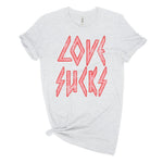 Womens LOVE SUCKS distressed tee shirt in Ash Gray with distressed pink writing rocker style